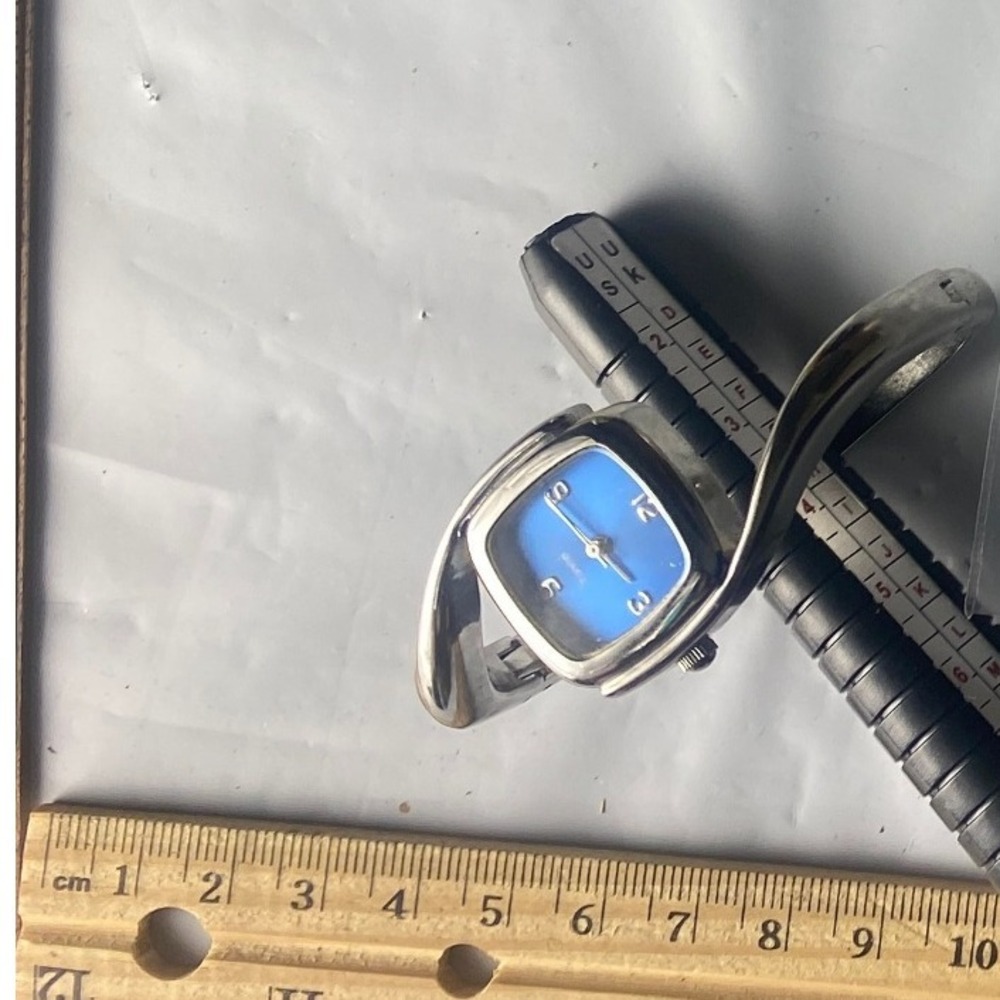 Womens Blue Square Face Cuff Watch With Silver Tone Band